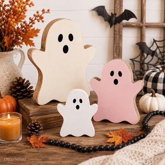 Halloween Decorations Indoor 3 Pcs Farmhouse Wooden Ghost Decor For Tiered Tray Coffee Table Cabinet Cute Halloween Decor Halloween Kitchen Decor For Home Office Holiday Arrangement,A