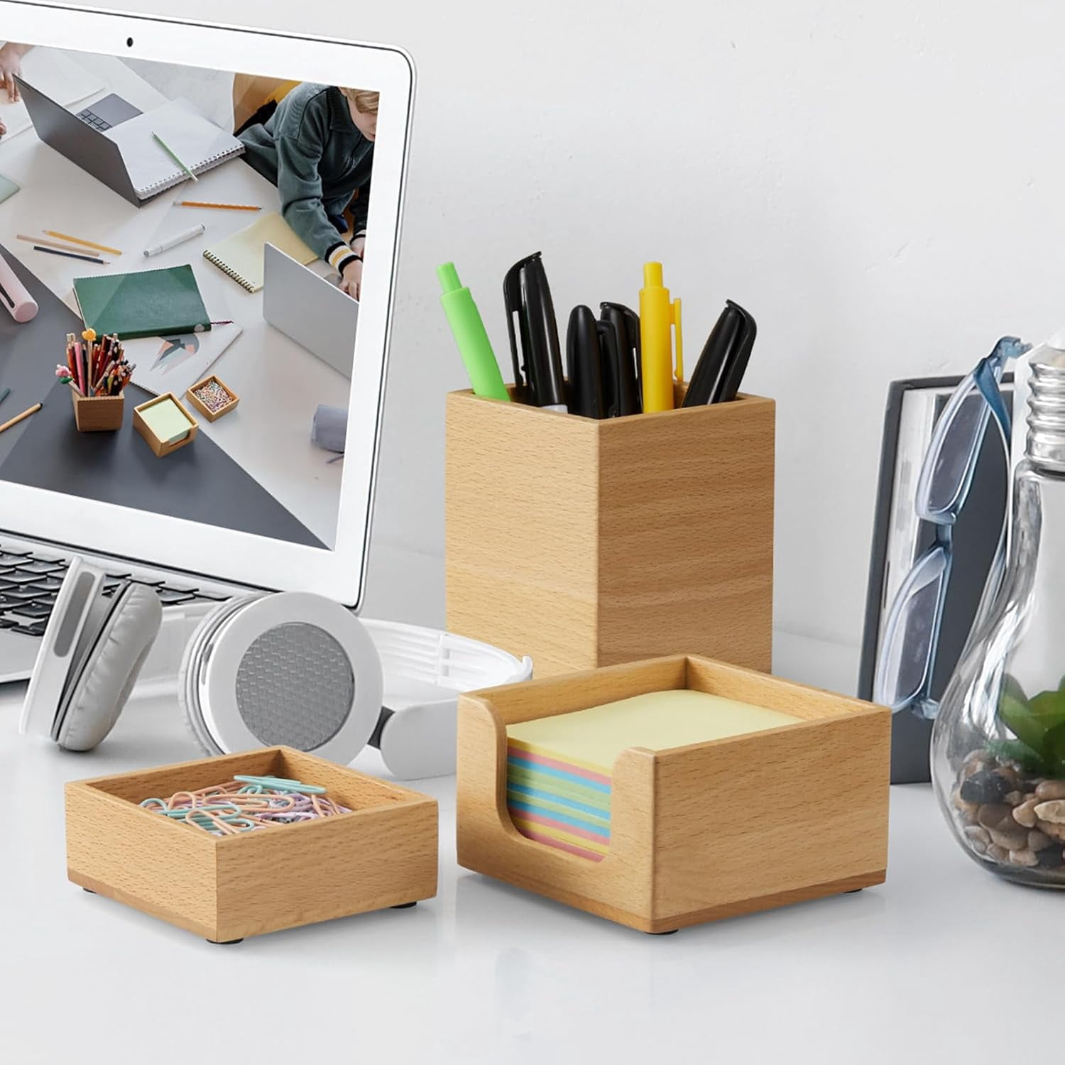 Desk Organizer Set of 3 - Wood Office Desk Accessories - Desk Organizers and Accessories for Women Men - Set incl. Pencil Pen Holder, Paperclip Storage and Sticky Note Holder