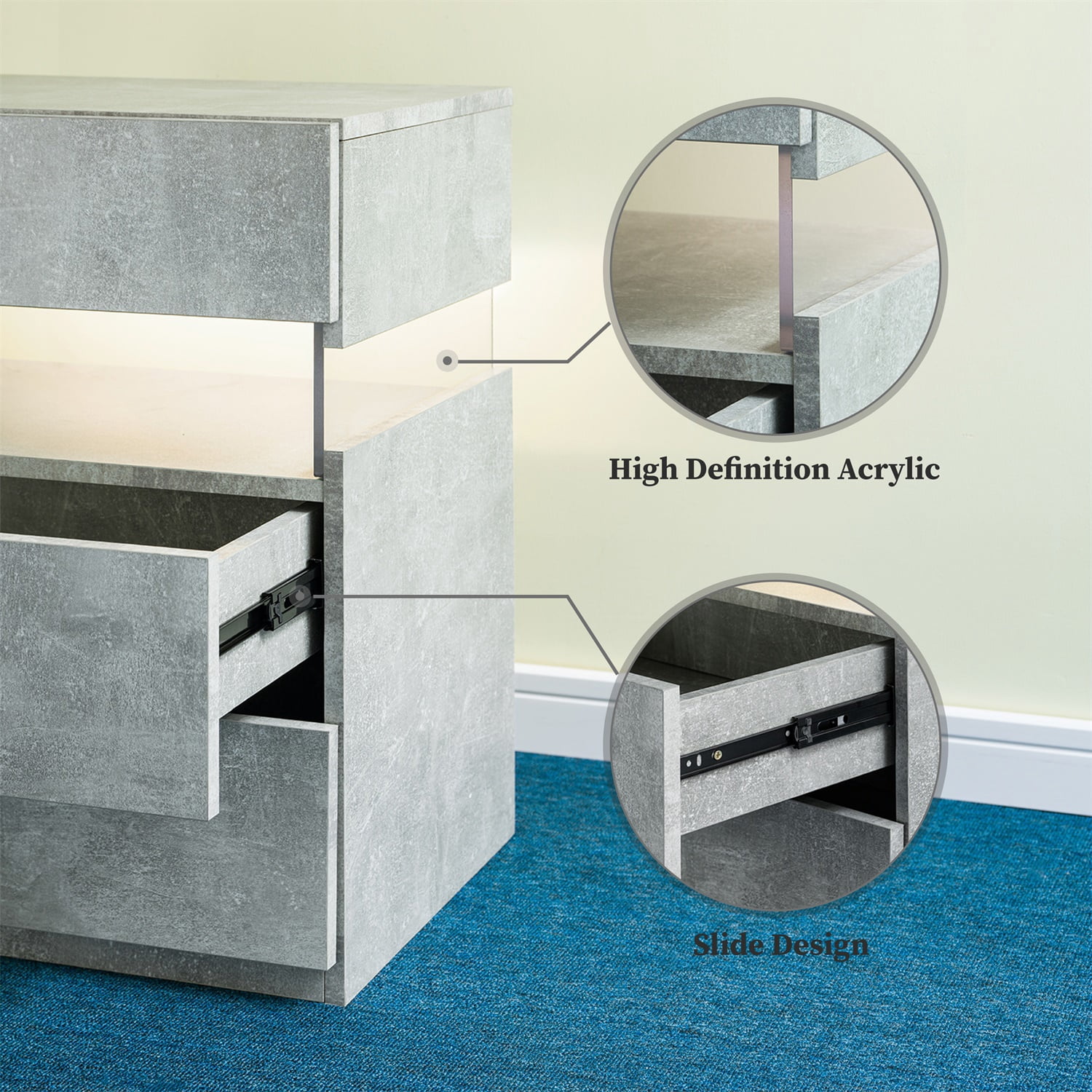 Hommoo 3 Drawer Dresser LED Nightstands, End Table Bedside Tables for Bedroom, Living Room, Gray