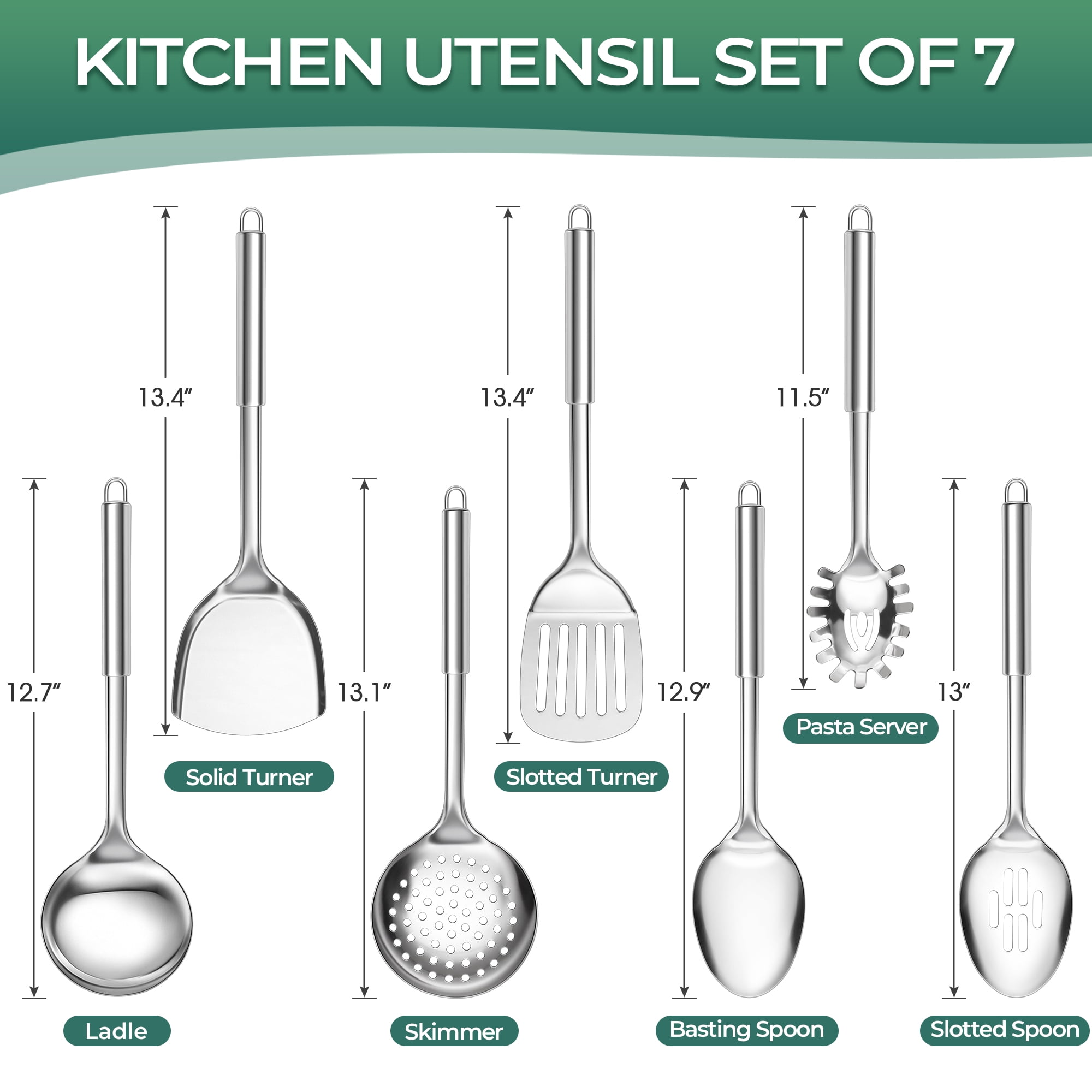 Walchoice Kitchen Utensils Set, 7 PCS Stainless Steel Cooking Tools, Metal Kitchen Tools Set, Heat Resistant & Dishwasher Safe
