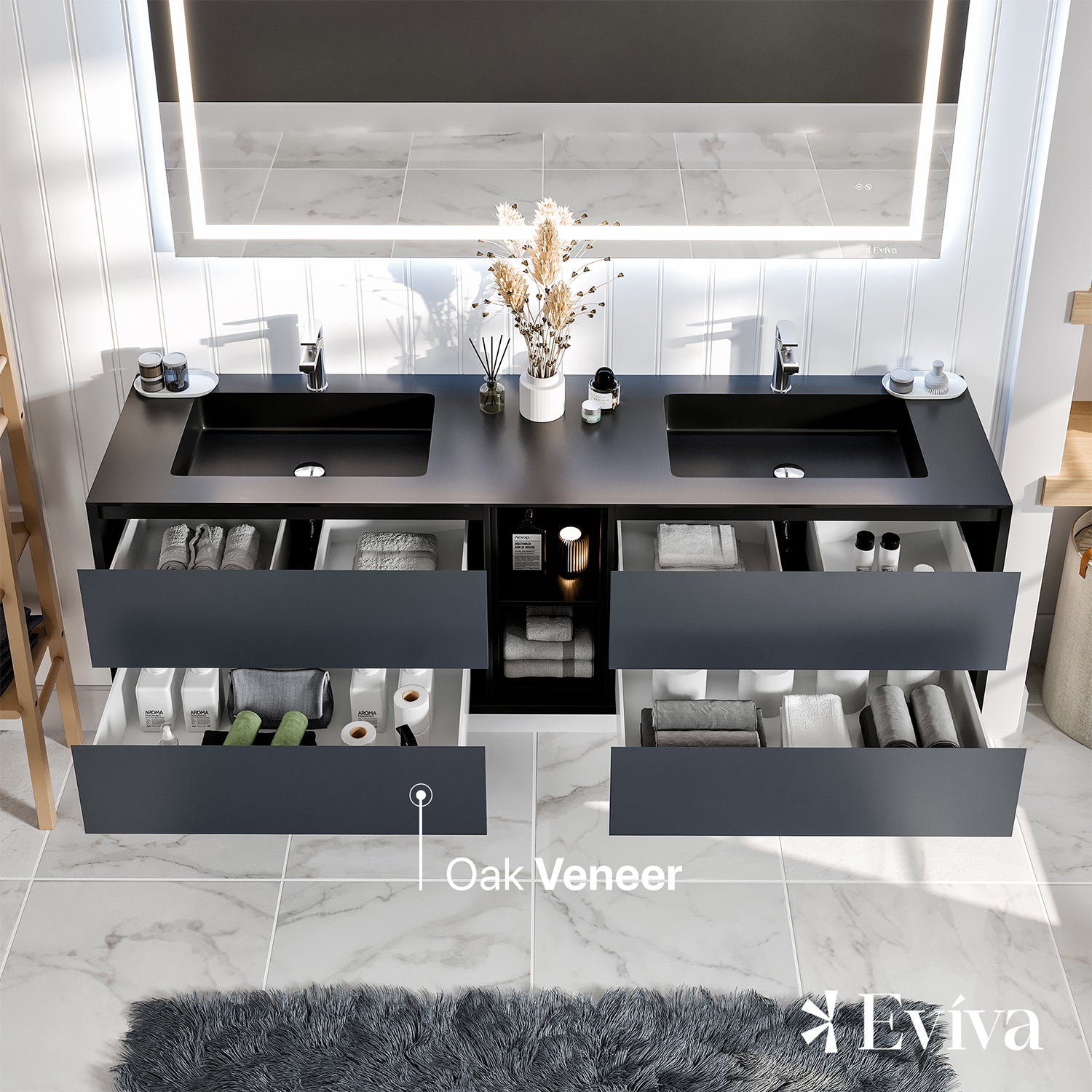 Eviva Vienna 75 inch Gray Black Wall Mount Bathroom Vanity with White Integrated Acrylic Sinks