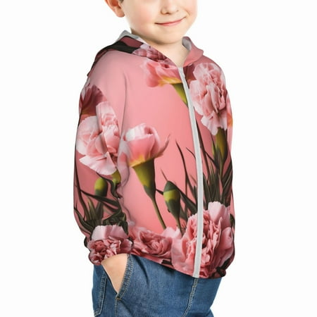 

Uemuo Delicate Pink Carnations A Pattern Rash Guard for Boys Girls Long Sleeve Swim Shirts UPF 50+ UV Sun Protection Hooded Fishing Shirt with Pocket for Kid-2 Years