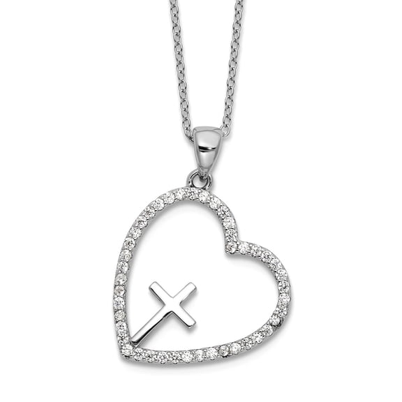 925 Sterling Silver Rhodium Plated Cubic Zirconia Open Love Heart With Religious Faith Cross Necklace 18 Inch 19.2mm Wid