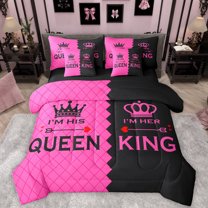Homewish Queen And King 7-Piece Twin Bedding Sets,Princess Crown Bedding Comforter Set,Pink Black Sheet Sets For Girl Kids,Ultra Soft Home Decor Reversible