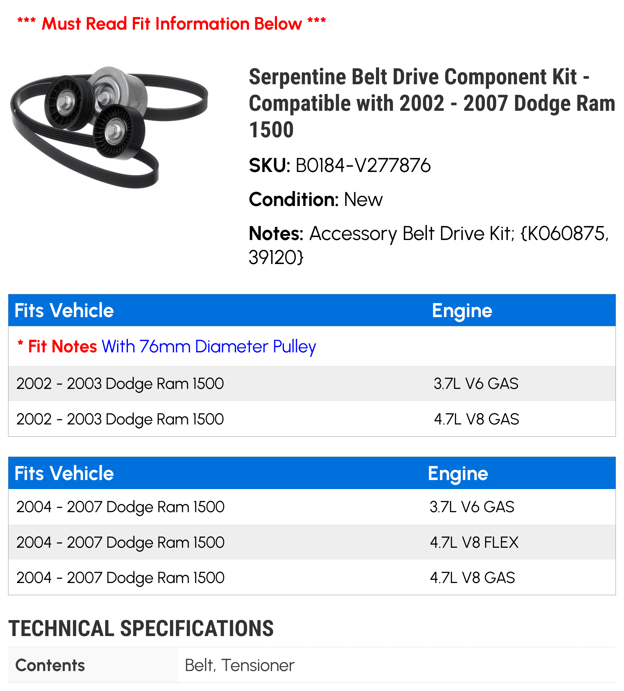 Serpentine belt dodge ram 1500 sale