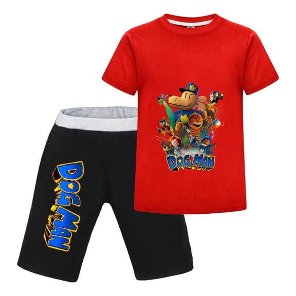 Dog Man Comic Explosion Print Kids Outfit Set – Boys Girls Short-Sleeve Graphic T-Shirt and Shorts 2-Piece Cartoon Clothing for Summer Play, Sleepwear, or Casual Wear