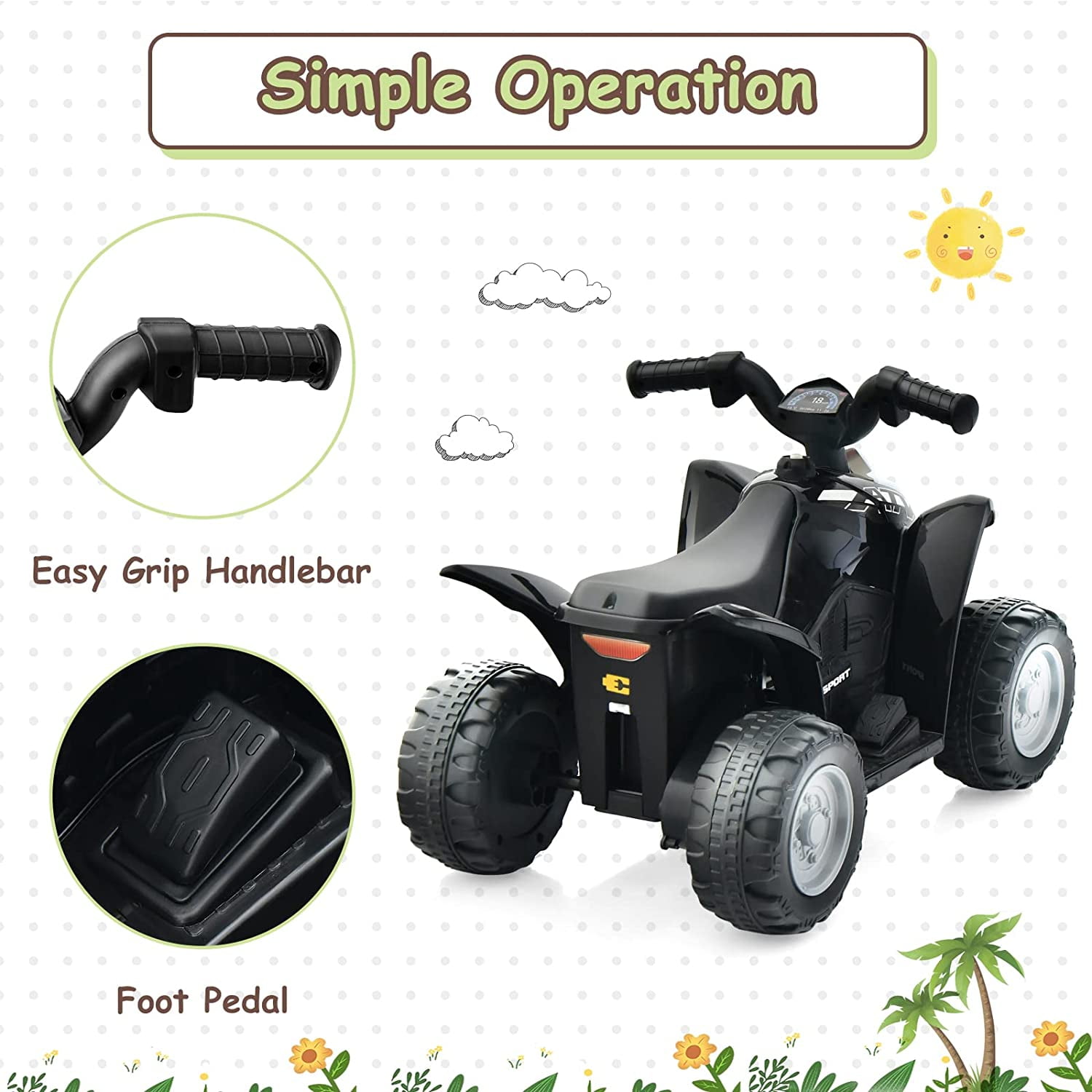 OLAKIDS Kids Ride On ATV, 6V Electric Vehicle for Toddlers, 4 Wheeler Battery Powered Motorized Quad Toy Car for Boys Girls with LED Lights, Horn (Black)