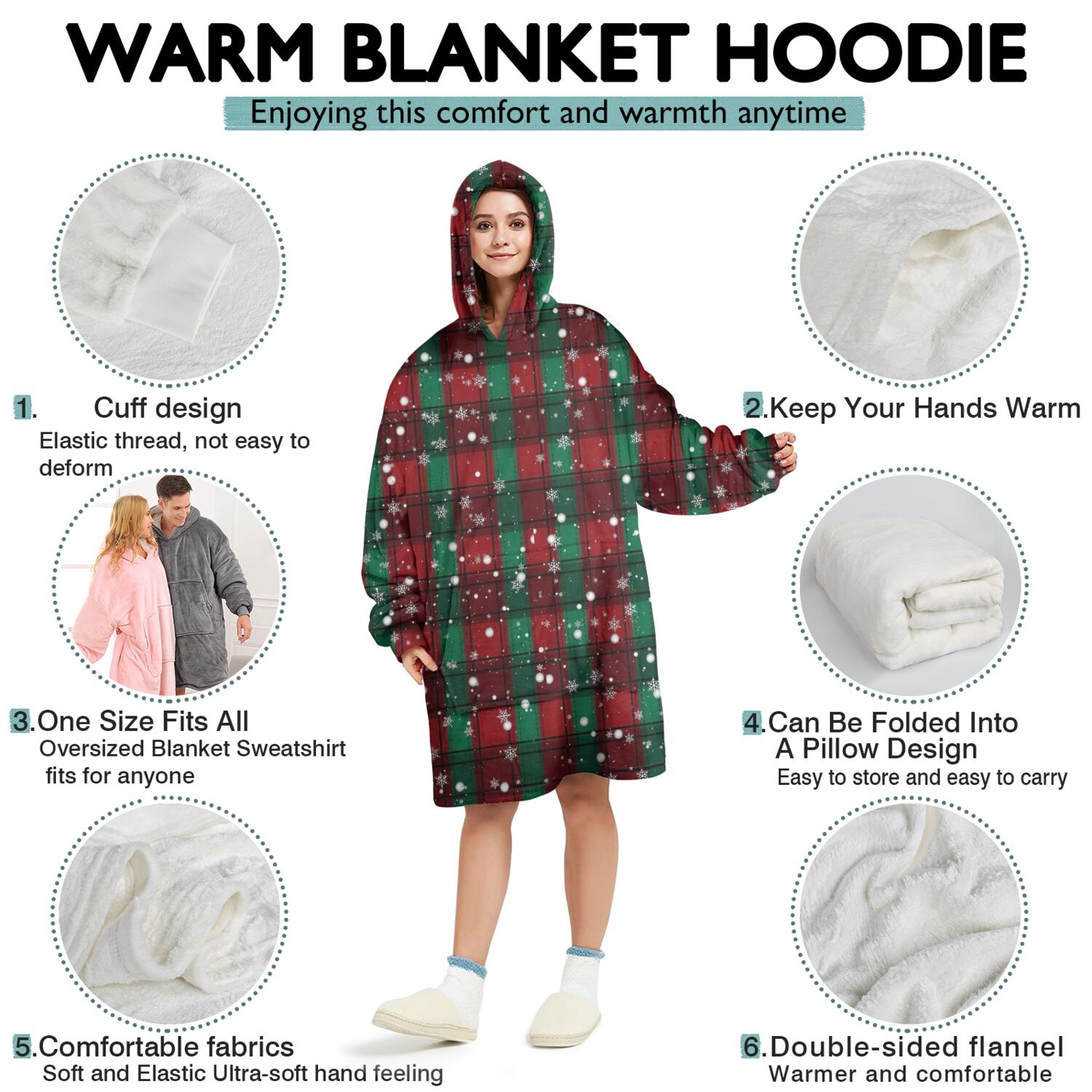 Wearable Oversized Blanket,Red and Green Plaid Christmas Snow Pattern Wearable Blanket Hoodie for Adults,Cozy Hooded Blankets with Super Pockets,Super Warm Fuzzy Pullover for Women & Men