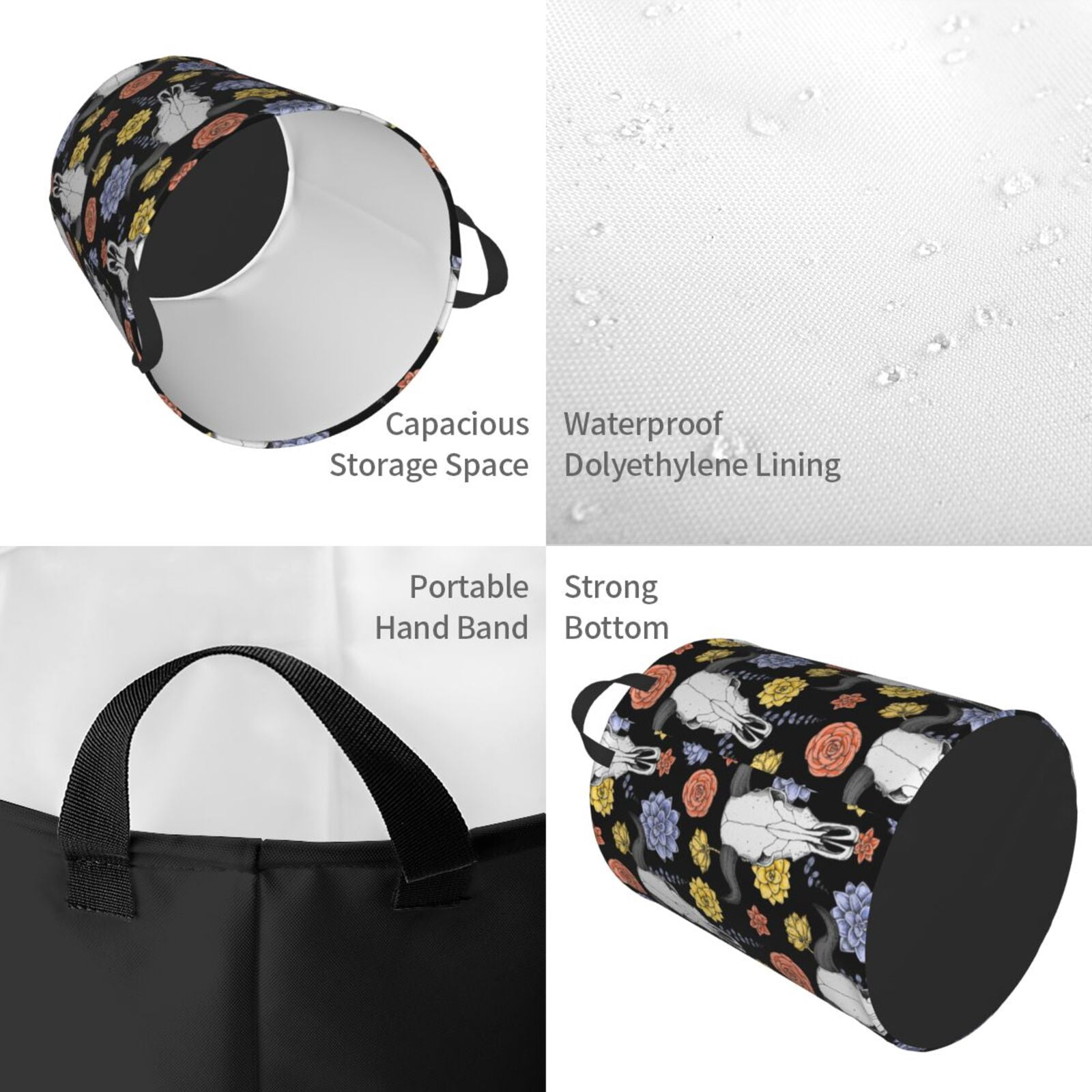 Large Laundry Basket with Handles - Buffalo Skull flowers Exotic Kids Baby Dirty Clothes Laundry Hamper for Bedroom Aesthetic
