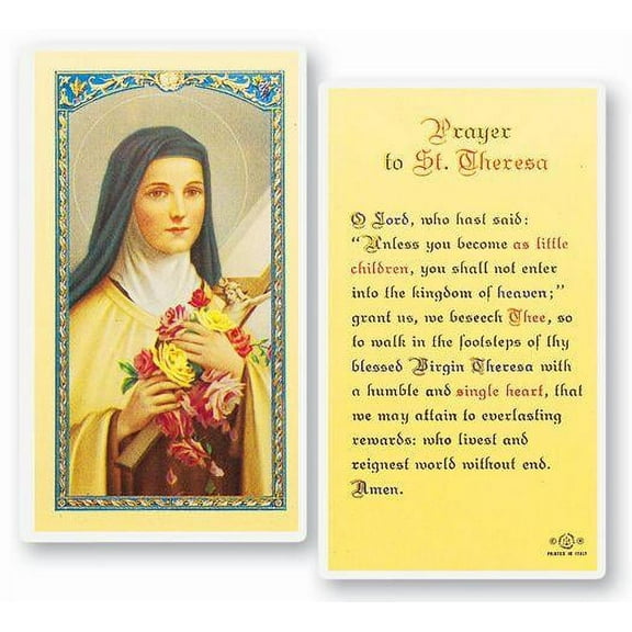 Saint Theresa Laminated Catholic Prayer Holy Card with Prayer on Back, Pack of 25