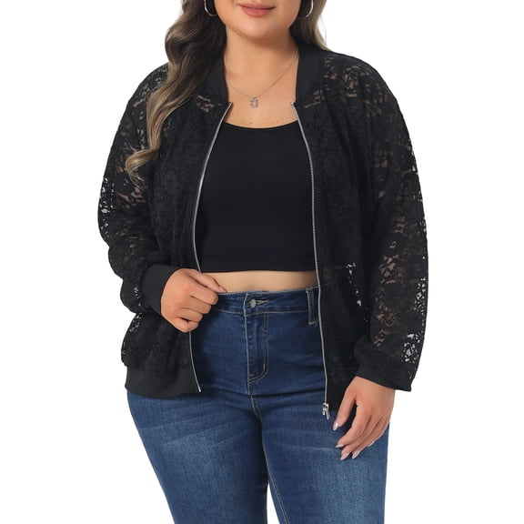 Agnes Orinda Women's Plus Size Jacke Floral Lace Sheer Long Sleeve Zip Up Lightweight Baseball Jackets 1X Black