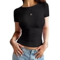 thumbnail image 2 of Womens Basic T Shirts Summer Short Sleeve Crewneck Slim Fit Cute Crop Tops Black S, 2 of 7
