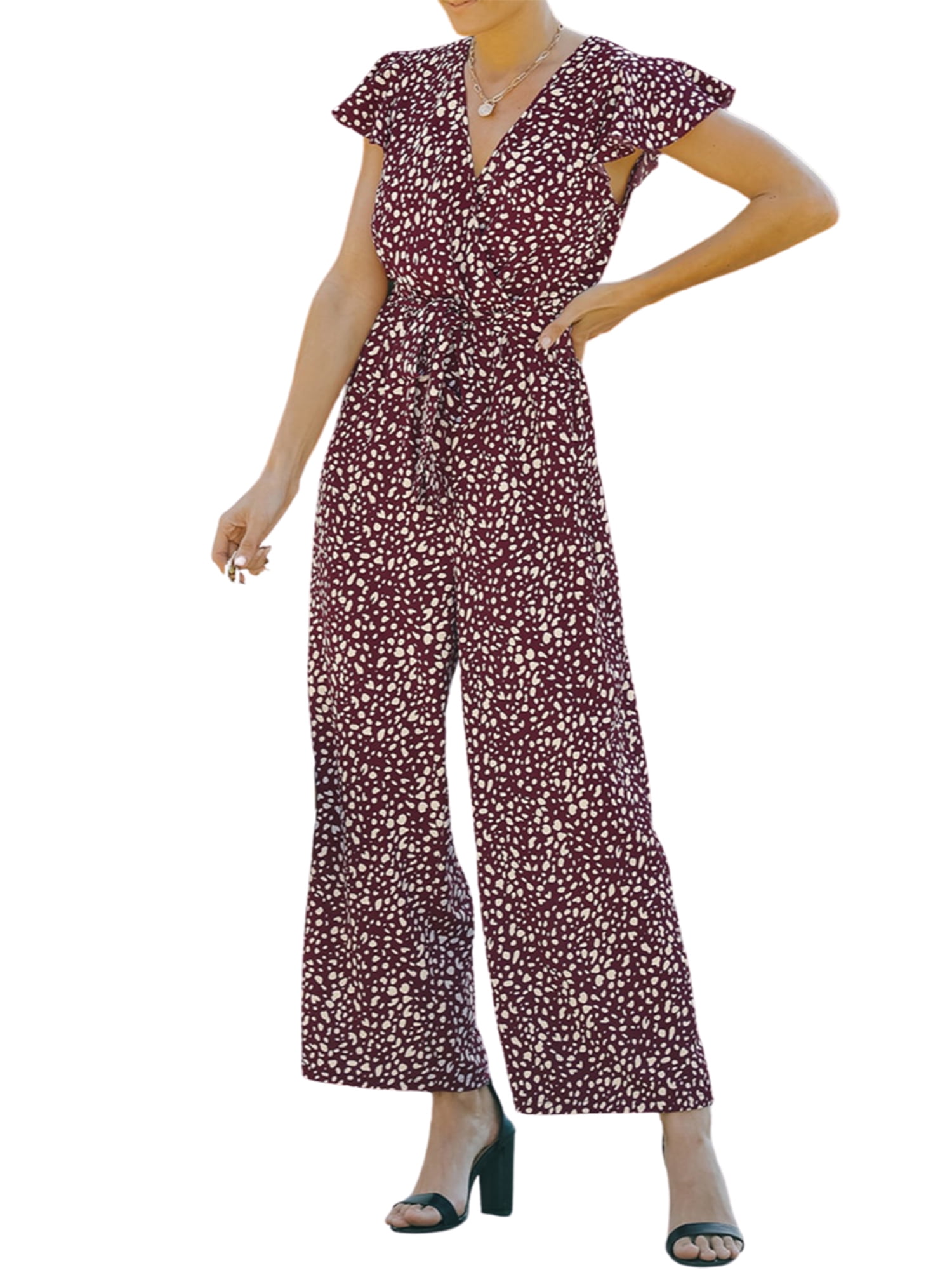 Natural Charm Linen Blend Floral Print Short Sleeve Pocketed Wide Leg Jumpsuit