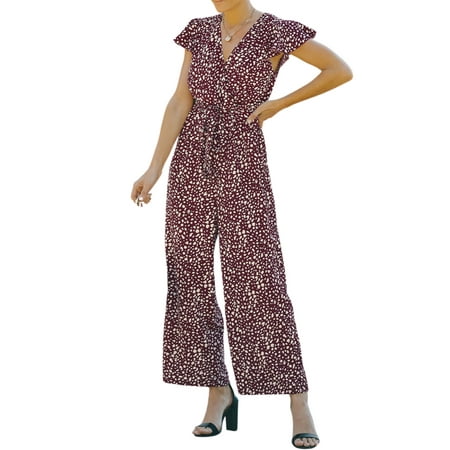 

Bagilaanoe Women Floral Chiffon Jumpsuit Short Sleeve Deep V Neck Wide Leg Overalls Summer Casual Beach Rompers