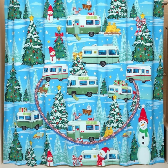 Festive Blue Shower Curtain with Snowmen, Christmas Trees & RVs - Holiday Decor