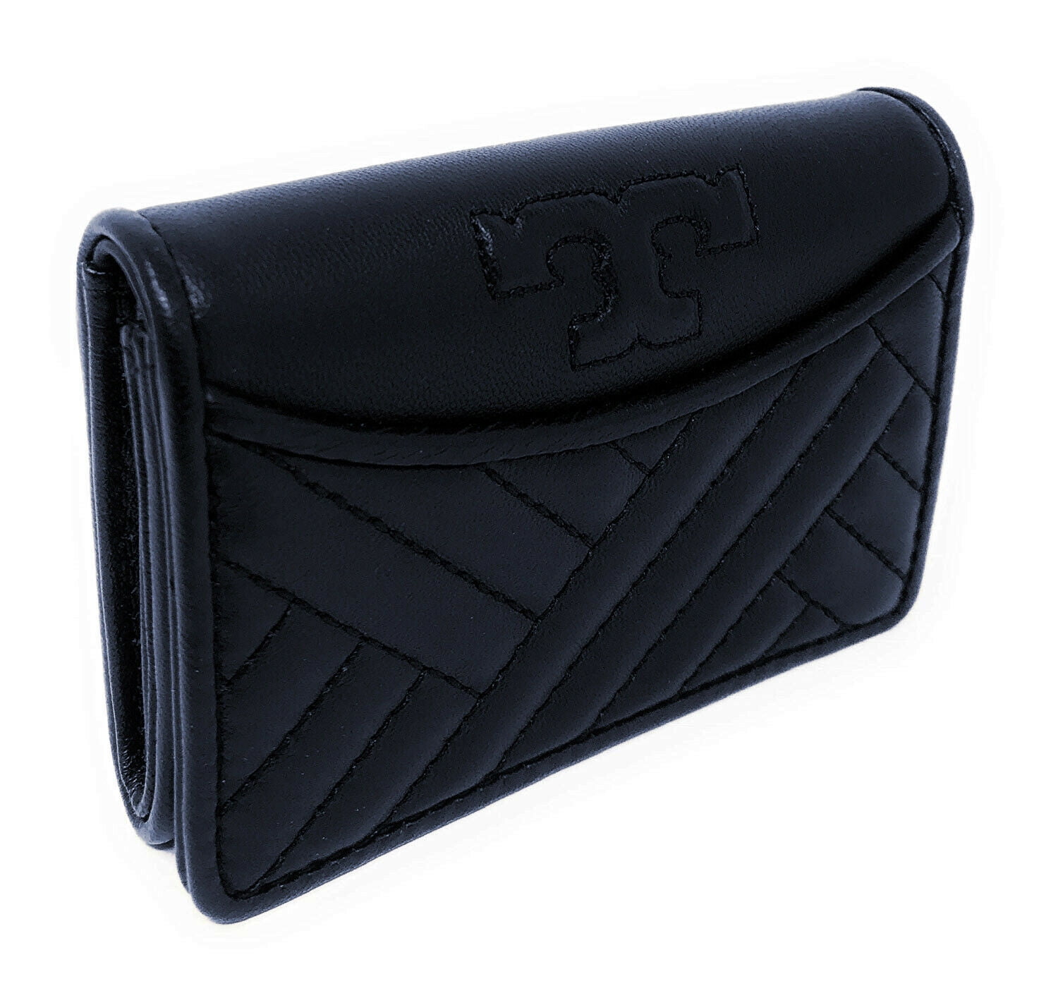 New Tory Burch Womens Navy Blue Quilted Alexa Foldable Mini Card Wallet  8739-2 