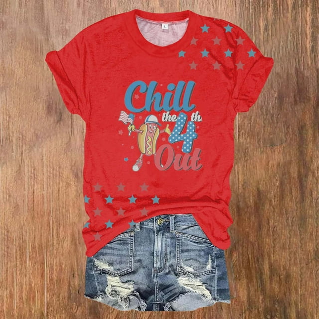 Hauts d'Été pour Femmes, Tenues de Chemises du 4 Juillet 2024, T-Shirt à Col Rond Imprimé Fête de l'Indépendance pour Femmes, Rouge
