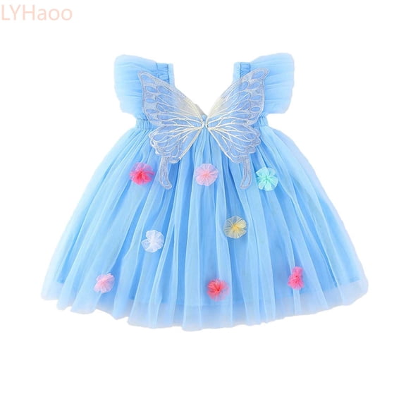 LYHaoo Toddler Girls Fly Sleeve Holiday Party Mesh Dress Dance Party Princess Dresses,Dresses for Girls Sizes 2-3 Years Blue
