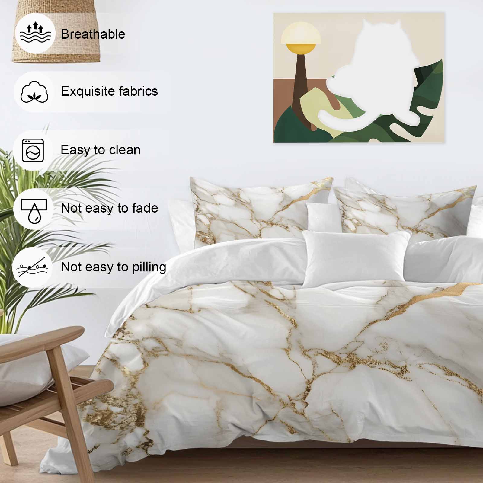 Abstract Duvet Cover Set Queen Size White Marble Pattern Gold Crack Texture Minimalism Soft Lightweight Comforter Covers 4 Piece Bedding Set with 1 Duvet Cover 1 Bed Sheet & 2 Pillow Shams