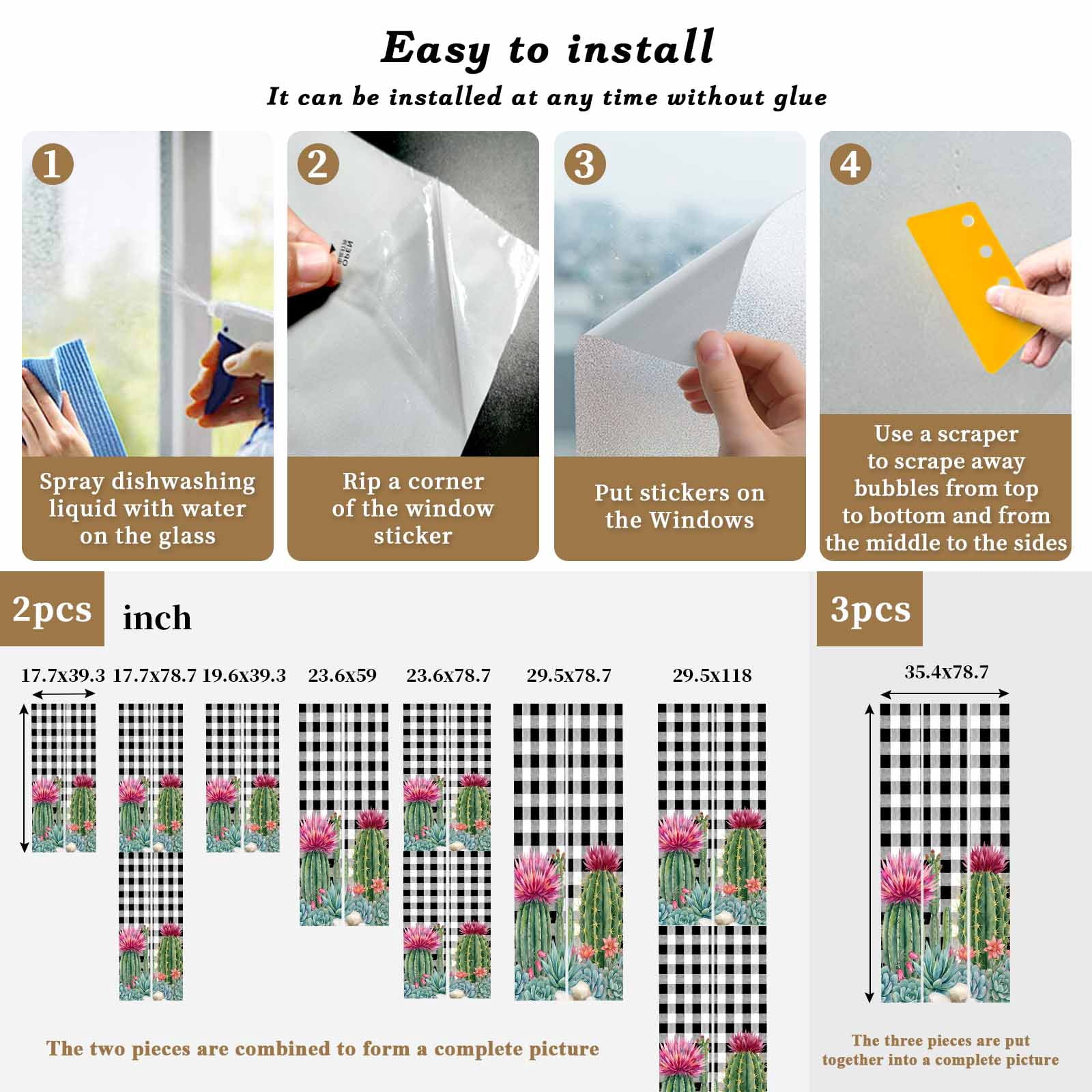 Summer Botanical Window Privacy Film, Tropical Saguaro Opuntia Green Cactus Black Plaid Frosted Glass Window Clings Static Cling UV Heat Blocking Reusable Door Sticker for Bathroom 23.6 x 59 Inch