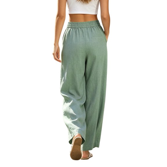 ClodeEU Women's High Waisted Wide Leg Linen Pants, Casual Elastic Waist Trousers with Pockets Army Green,Women's Plus L
