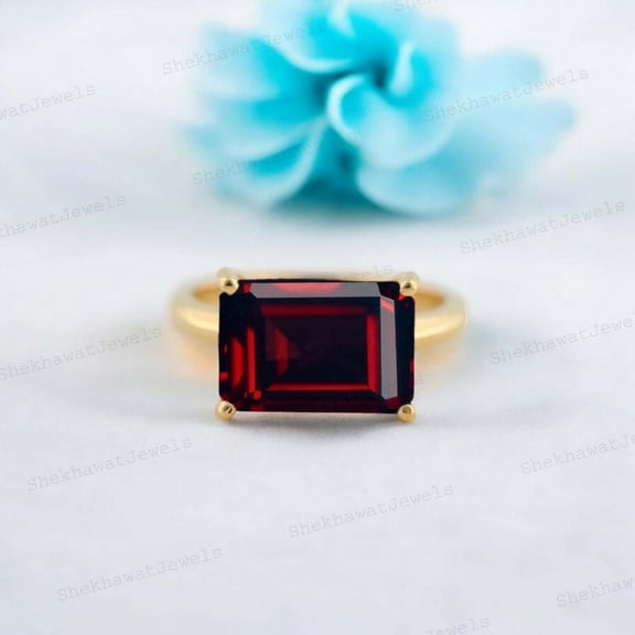 SHEKHAWATJEWELS 12x8 mm / 3 Ct Emerald Cut Red Garnet Ring Yellow Gold Vermeil Silver Ring January Birthstone Jewelry For Women Gift For Wife