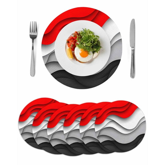 Red Black Ombre Round 15 Inch Placemats Set of 6, Modern Abstract Moire Art Geometric HeatResistant Non Slip Place Mats for Dining Table, Wipeable Braided Kitchen Table Mats for Housewarming