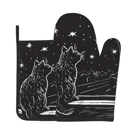 

Lukts Star Gazing Cat Illustration Print Kitchen Heat-Resistant Gloves and Spacers 2pcs Set Suitable for Baking and Cooking