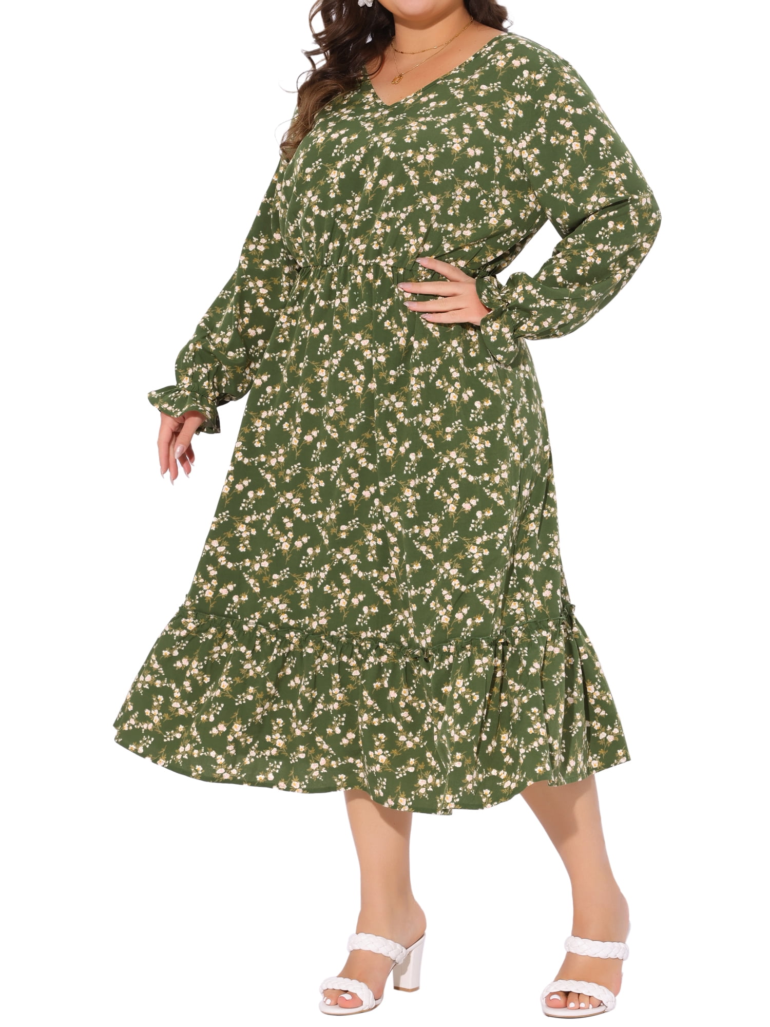 DARING DIVA Plus Size Floral Print V Neck Long Sleeve Maxi Dress 3X Olive Green