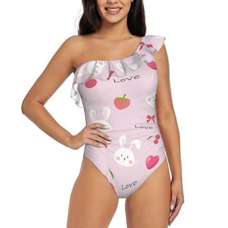 Gukieu Love Rabbit Print One-shoulder Ruffled One-piece Swimsuit with Removable Chest Pads and Tummy-control Swimsuit for Women-Medium