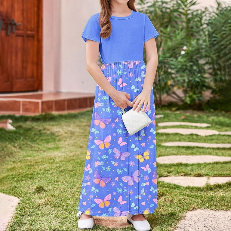 Oglccg Girls Summer Long Dress Short Sleeve Casual Holiday Modest Maxi Dress with Pockets Floral Printed T-Shirt Dress for 4-14 Years, Infant Girl's,