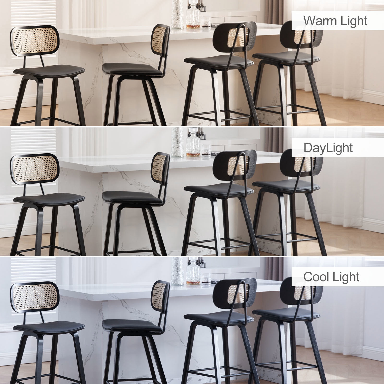 WOOW DEPOT PU Bar Stools 26" Counter Height w/ Rattan Back Set of 1, Modern Black Bent Wood Bartool Leather Upholstered Chair for Kitchen Pub Island Dining Room