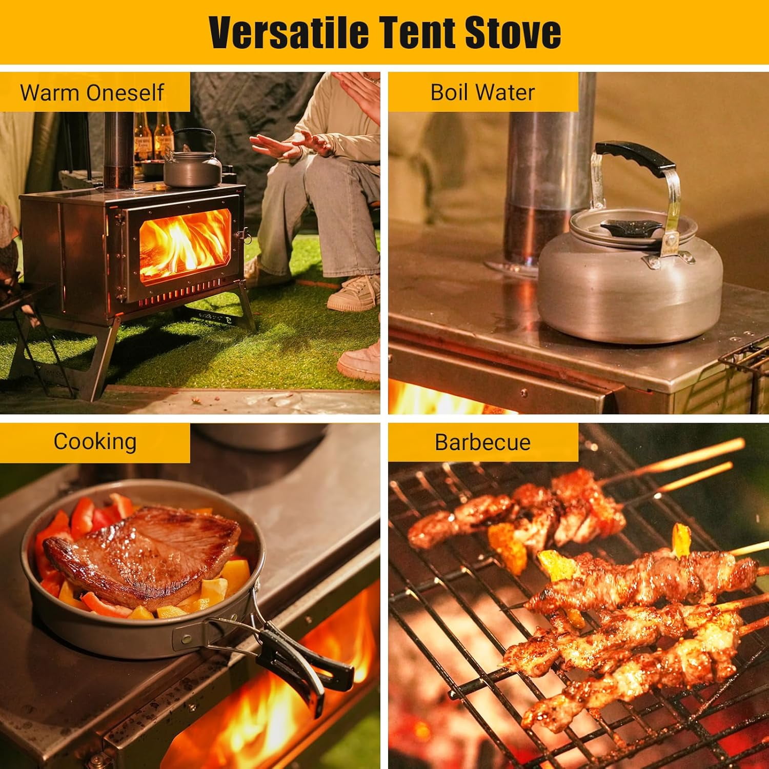Garvee Hot Tent Stove With View Glass, Wood Burning Stove for Camping, 5 Chimney Pipes, Silver