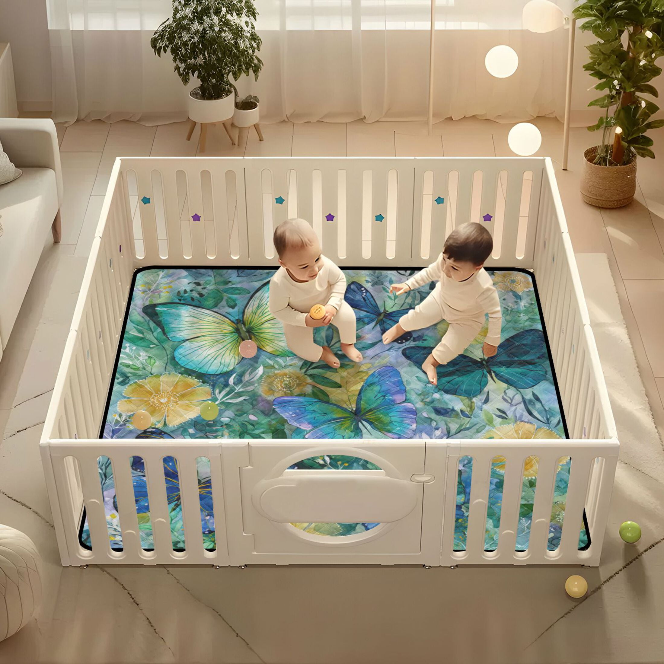 WOBOGO Green Butterfly Baby Playmats Extra Large Waterproof Rollable Activity Pads for Toddlers 50×50inch