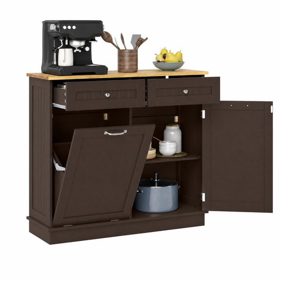 Furnibear Kitchen Tilt Out Trash Cabinet with 2 Drawers Wood Top and Adjustable Shelf Hidden Storage for Kitchen and Dining Room, Rustic Brown