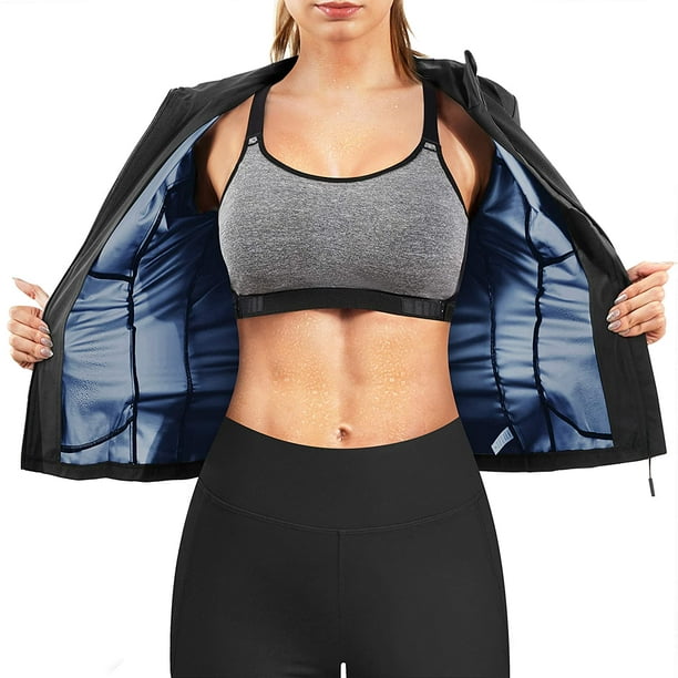 KSCD Women Hot Sweat Sauna Suit Waist Trainer Jacket Fitness Workout Body  Shaper Zipper Shirt Workout Long Sleeve Tops Blue XX-Large 