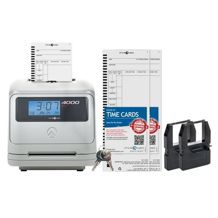 Pyramid 4000 Auto Totaling Time Clock Bundle, includes 225 time cards, 2 ribbon cartridges
