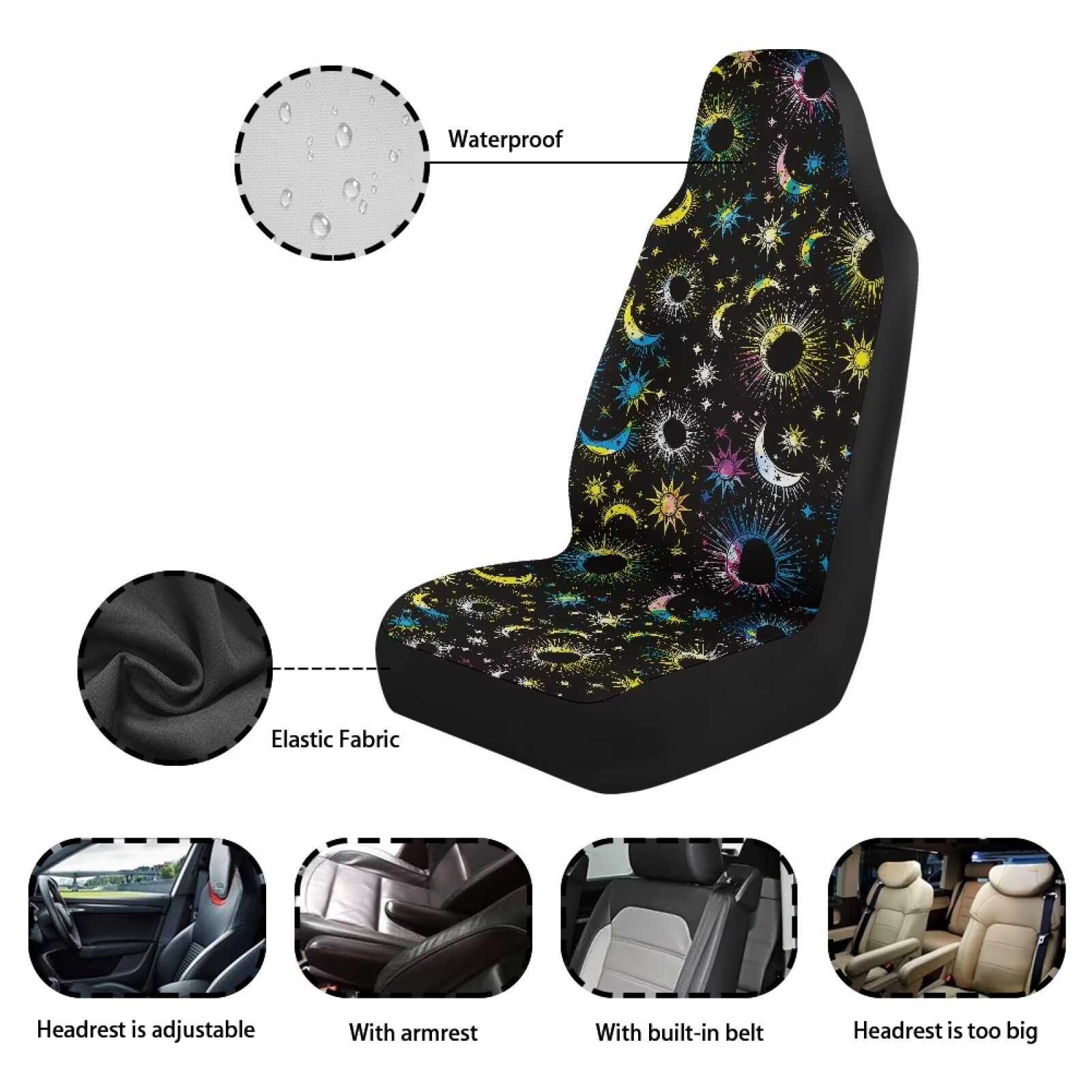 Yuyamidu Colorful Sun and Moon Car Seat Covers Front Seats Only, Waterproof Bucket Seat Cover Universal Fit for Car Truck Van and SUV Comfortable