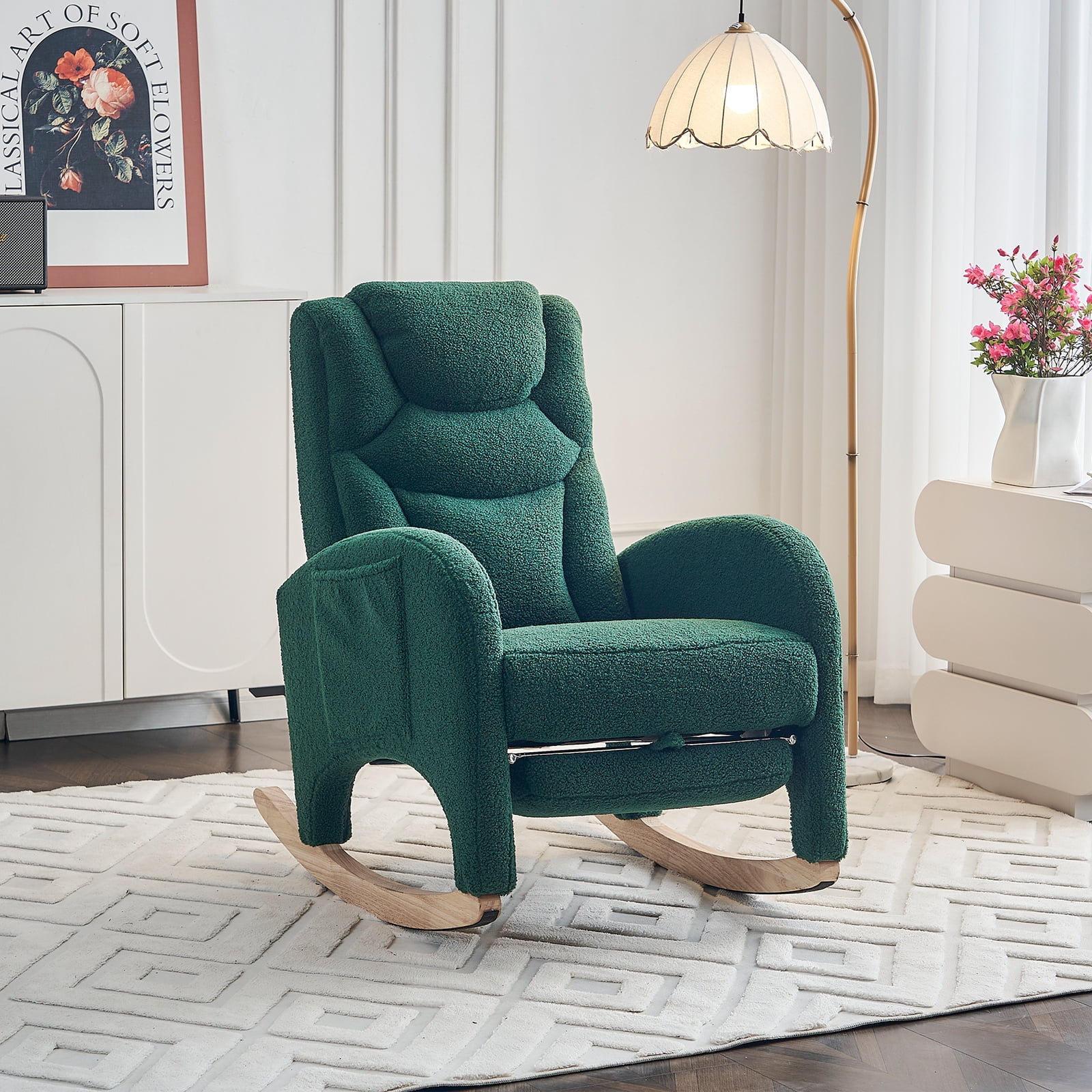 ALAKFORM Rocking Chair Nursery with Foot Rest,Upholstered Teddy Glider Rocker with Wood Legs, Nursing Rocking Chair for Living Room/Nursery,Green