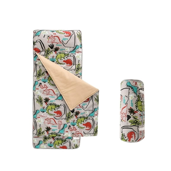 Dino Toddler Nap Mat, 100% Cotton, with Removable Pillow and Fleece Blanket - 50" x 20" x 2"
