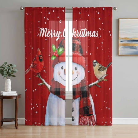 Christmas Snowman Sheer Curtains 84 Inch Length 2 Panels Set Winter Cardinal Xmas Berry Snowflake Voile Window Treatment Rod Pocket Curtains Sheers Drapes for Bedroom/Living Room/Kitchen 52 x84 x2