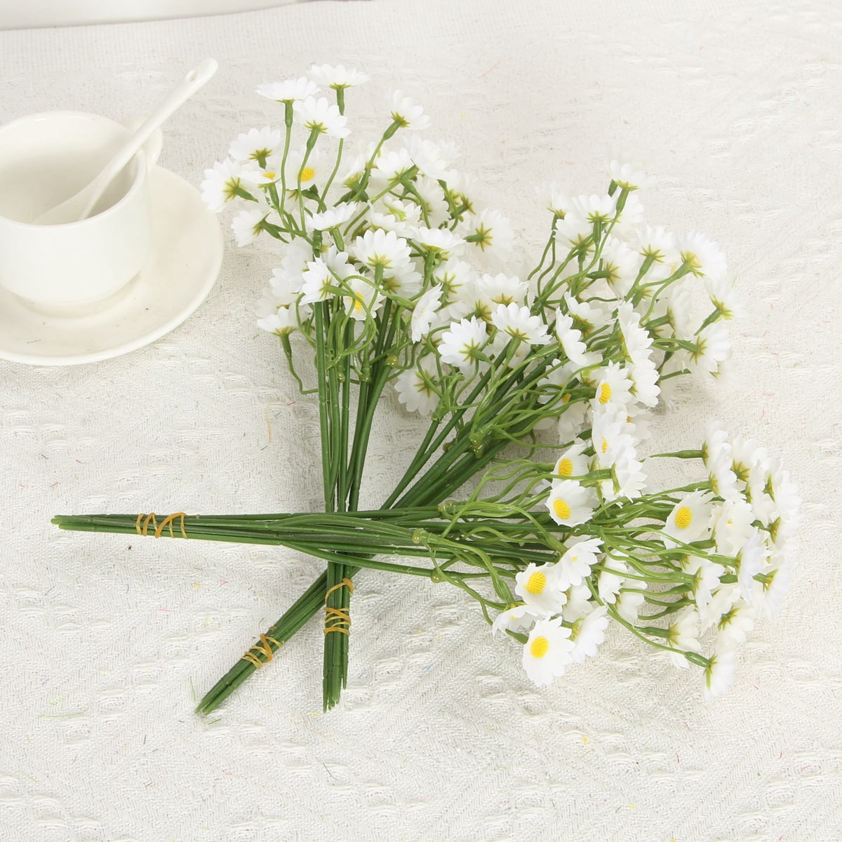 Trianu 6 Bundles Mini Artificial Daisy Flowers 36Pcs 10inch Fake Brazilian Daisy Bouquets Pastoral Style for Home Table Garden Window Wedding Indoor Outside Decoration (White)