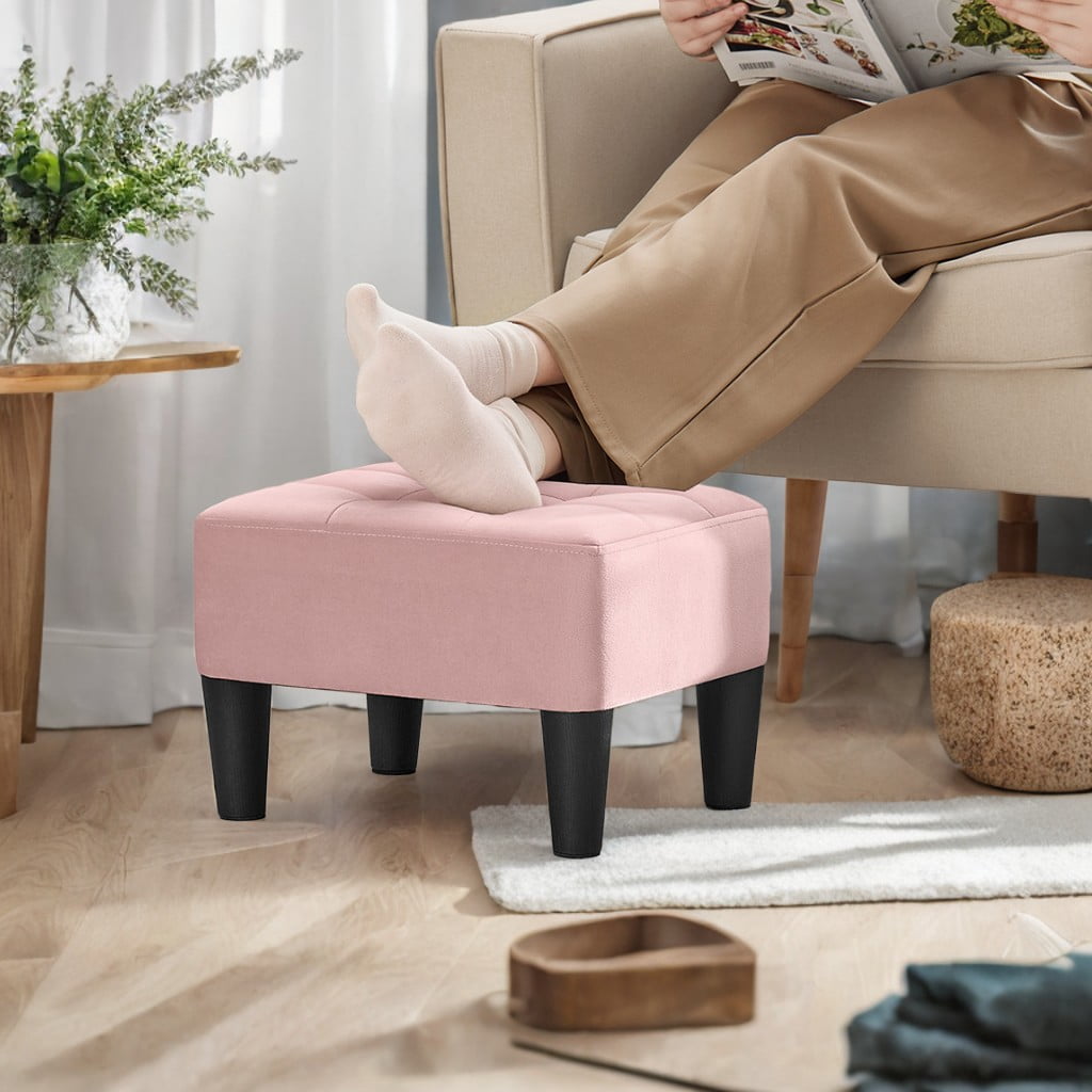 LEDREM Small Ottoman Foot Stool with Thick Cushion, Footrest with Sturdy Angled Legs for Living Room, Bedroom, Entryway, Jelly Pink