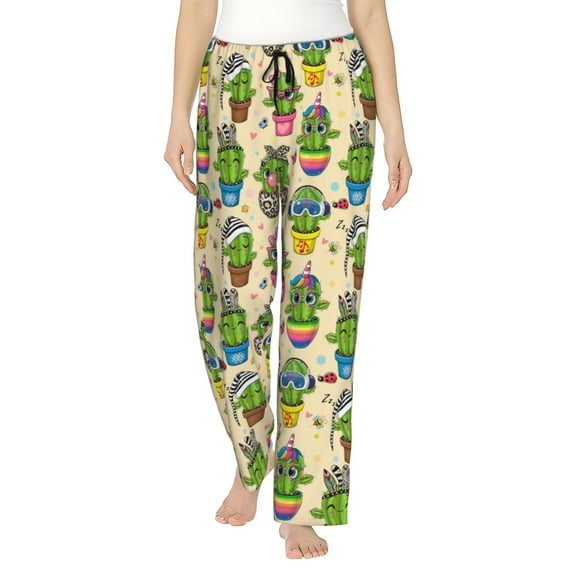 Logiee Cute Cartoon Cactus Print Women Pajama Pants,Comfy Pj Bottom with Pockets & Drawstring,Stretch Casual Sleepwear-Small