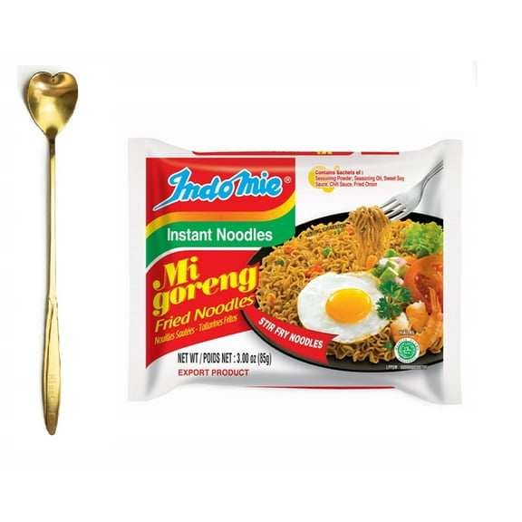 NineChef Set - Indomie Mi Goreng Instant Stir Fry Noodles, Halal Certified,Original, Flavor,Pack 10 Plus NineChef Brand Golden Heart Ice Tea Coffee Long Handel Spoon