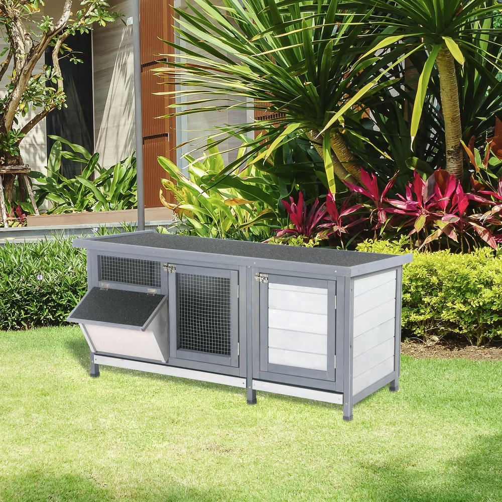Spaco Wooden Rabbit Hutch Bunny Hutch Cage Guinea Pig with Waterproof Roof, No Leak Tray and Feeding Trough, Gray