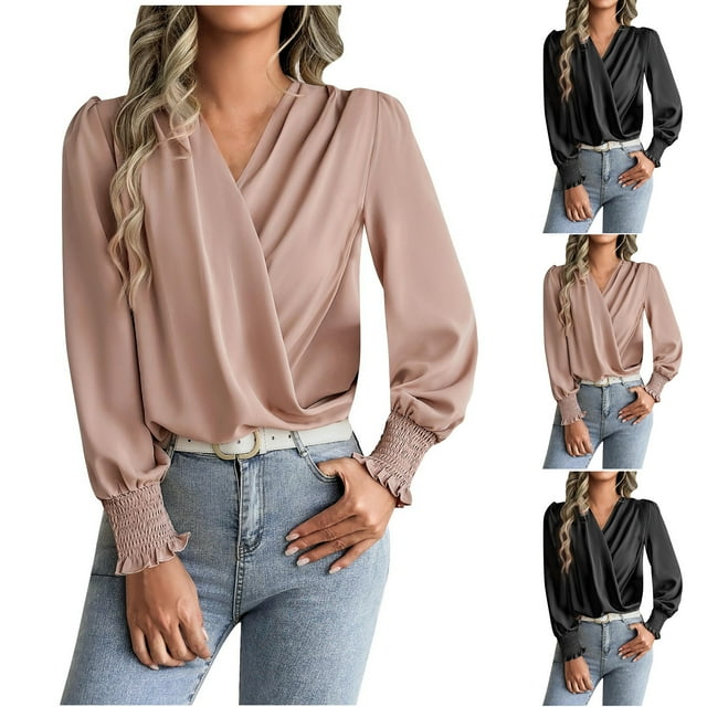 Camisas para mujer,Blusa de gasa con cuello en V para mujer, camisa informal de manga larga, poliéster, tela ligera y suave, ideal para ir a la oficina, sopatenor