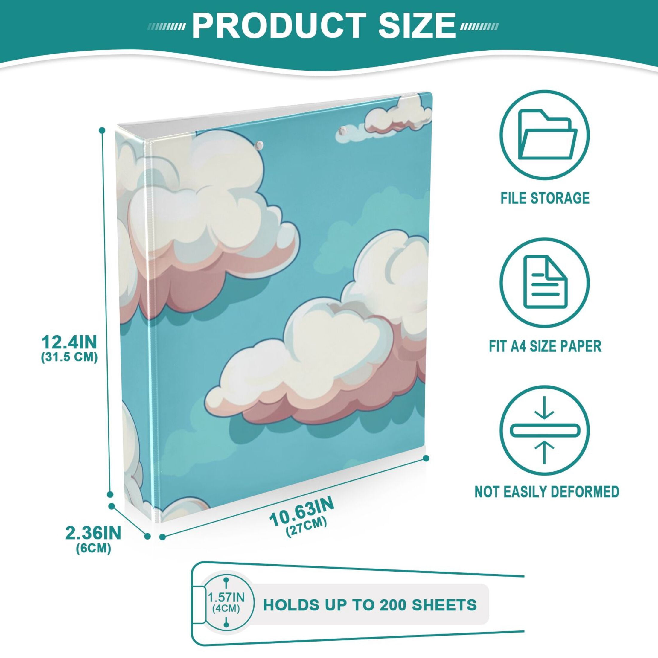Cartoon Clouds 3 Ring Binders 1.5 inch Hardcover File Folders with Interior Pockets A4 Size Organizer for School Office Hospital