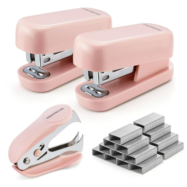 Set de mini engrapadoras WORKPRO rosa, 2 engrapadoras y 2000 grapas