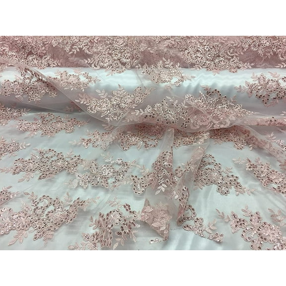 Decorative Silk Sequin lace Fabric with embroderies on mesh VT-012 (1 Yard, Blush)